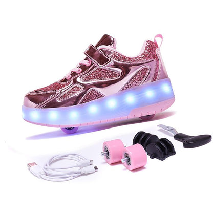 Pink Shiny LED Light-Up Roller Shoes - Removable Wheels, USB Rechargeable