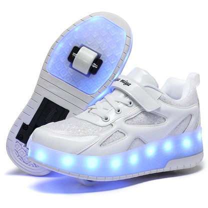 White Shiny Shoes with Wheel - LED Lights Roller Skates USB Rechargeable