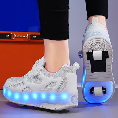 White Shiny Shoes with Wheel - LED Lights Roller Skates USB Rechargeable