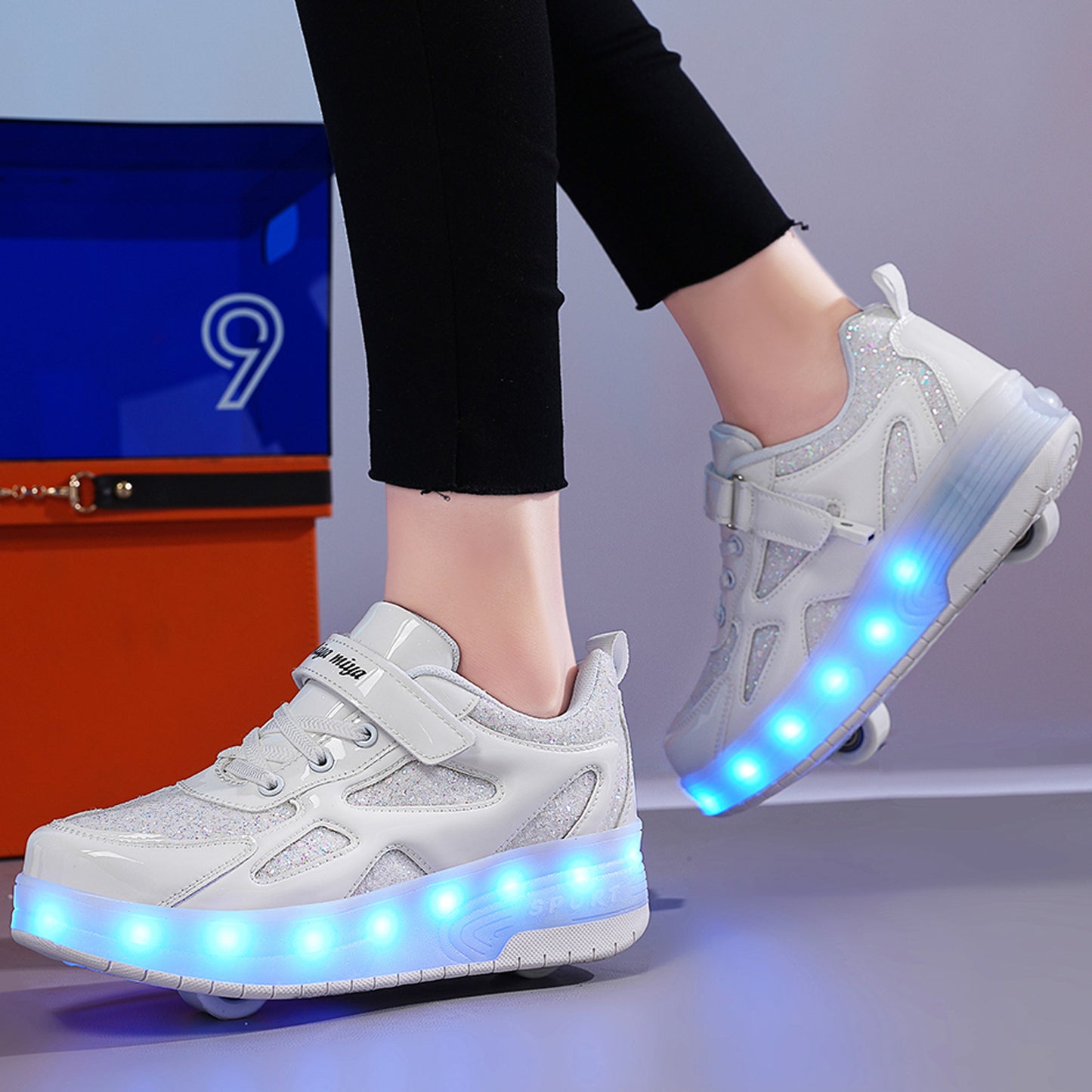 White Shiny Shoes with Wheel - LED Lights Roller Skates USB Rechargeable