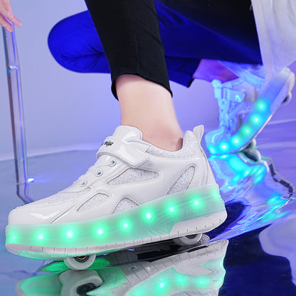 White Shiny Shoes with Wheel - LED Lights Roller Skates USB Rechargeable