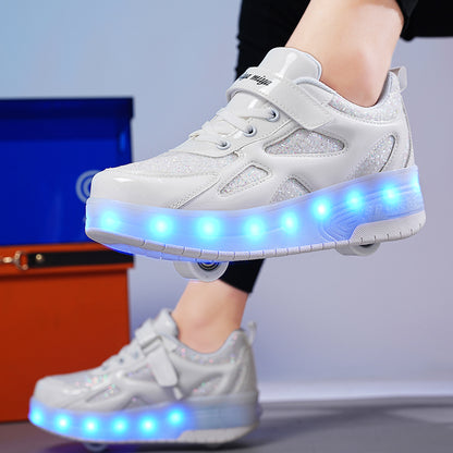 White Shiny Shoes with Wheel - LED Lights Roller Skates USB Rechargeable