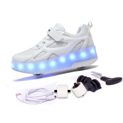 White Shiny Shoes with Wheel - LED Lights Roller Skates USB Rechargeable