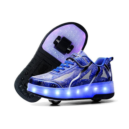 Blue Shiny Rampage LED Shoes with Wheel - Roller Skates USB Rechargeable