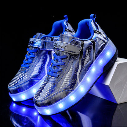 Blue Shiny Rampage LED Shoes with Wheel - Roller Skates USB Rechargeable