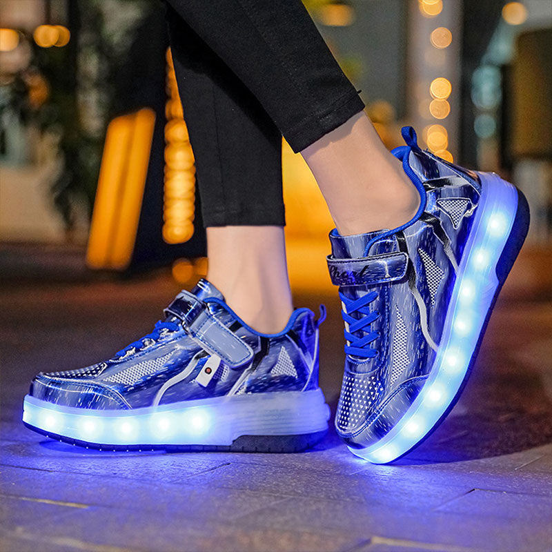 Blue Shiny Rampage LED Shoes with Wheel - Roller Skates USB Rechargeable