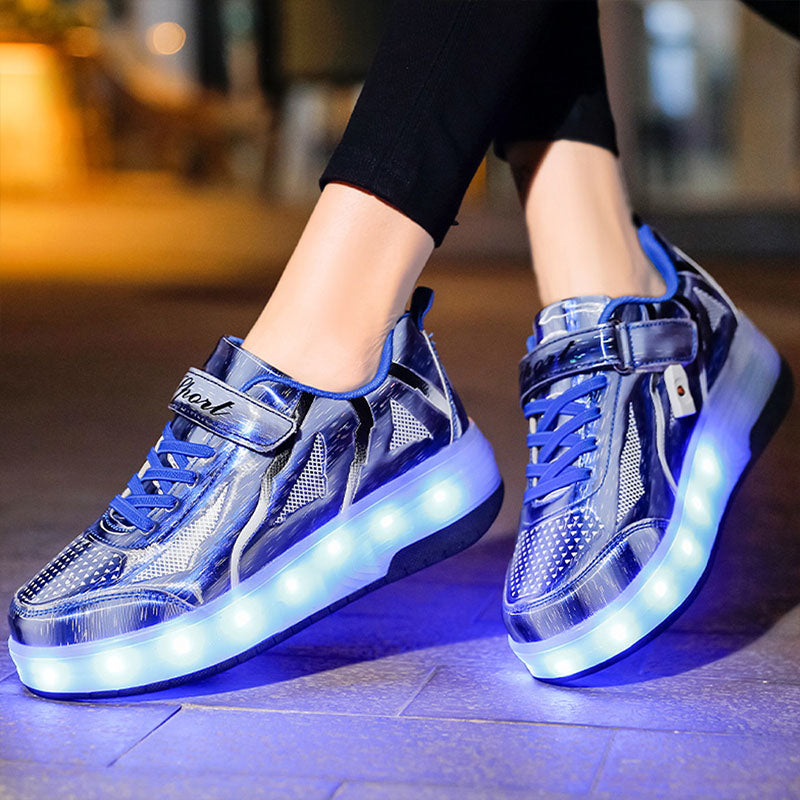 Blue Shiny Rampage LED Shoes with Wheel - Roller Skates USB Rechargeable