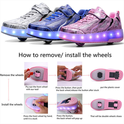 Blue Shiny Rampage LED Shoes with Wheel - Roller Skates USB Rechargeable