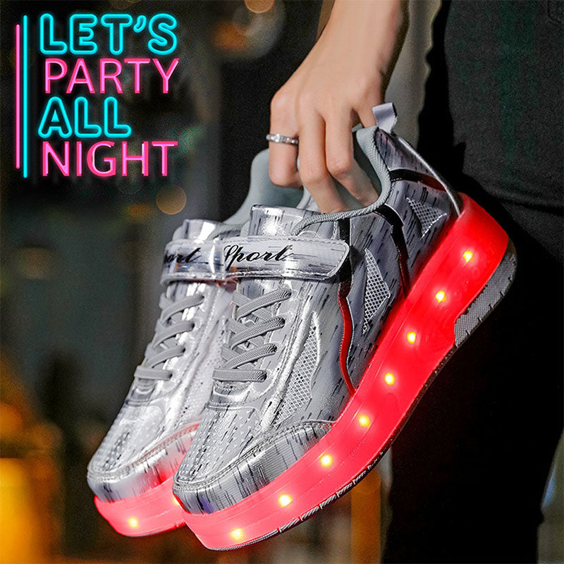 Silver Shiny Rampage LED Shoes with Wheel - Roller Skates USB Rechargeable