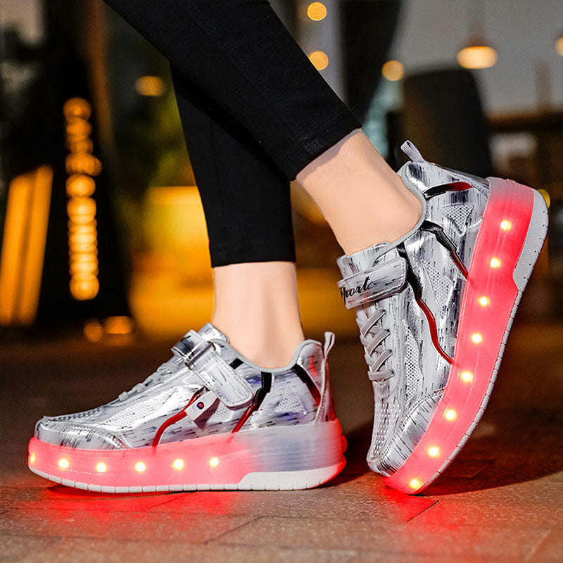 Silver Shiny Rampage LED Shoes with Wheel - Roller Skates USB Rechargeable