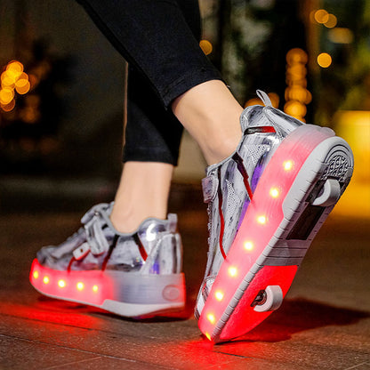 Silver Shiny Rampage LED Shoes with Wheel - Roller Skates USB Rechargeable